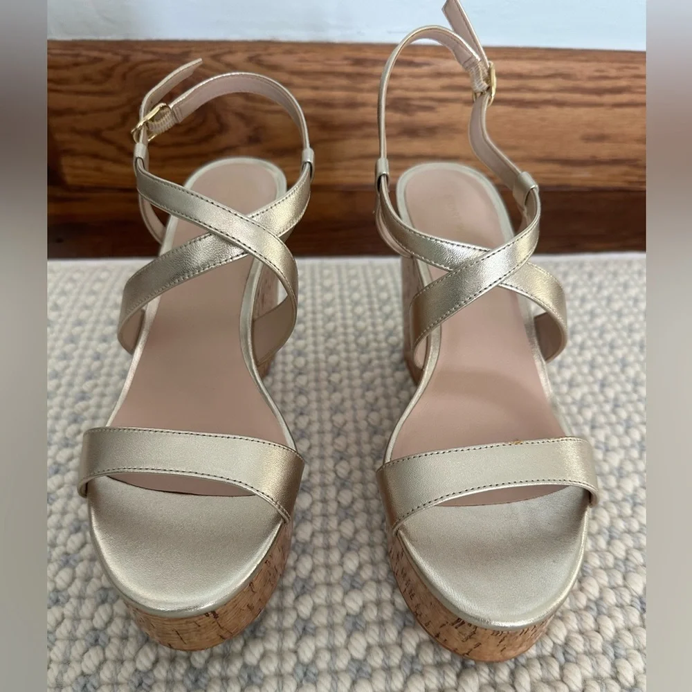 Stuart Weitzman Gold Metallic Cork Wedge Sandals